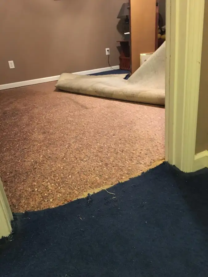 Carpet pad removal revealing water damage during Water Mitigation Services in Burlingame